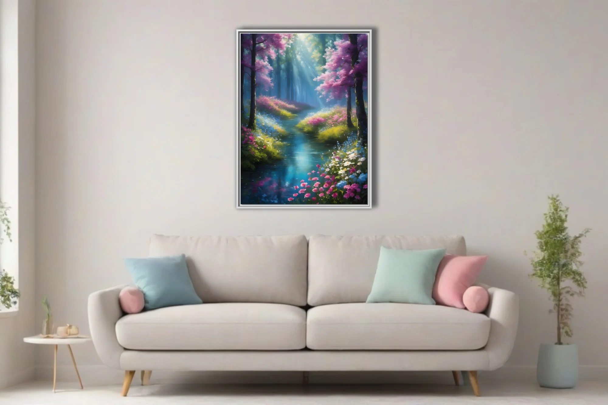 Painterly fantasy forest stream with glowing light rays and vivid floral blooms