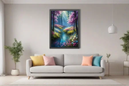 Painterly fantasy forest stream with glowing light rays and vivid floral blooms