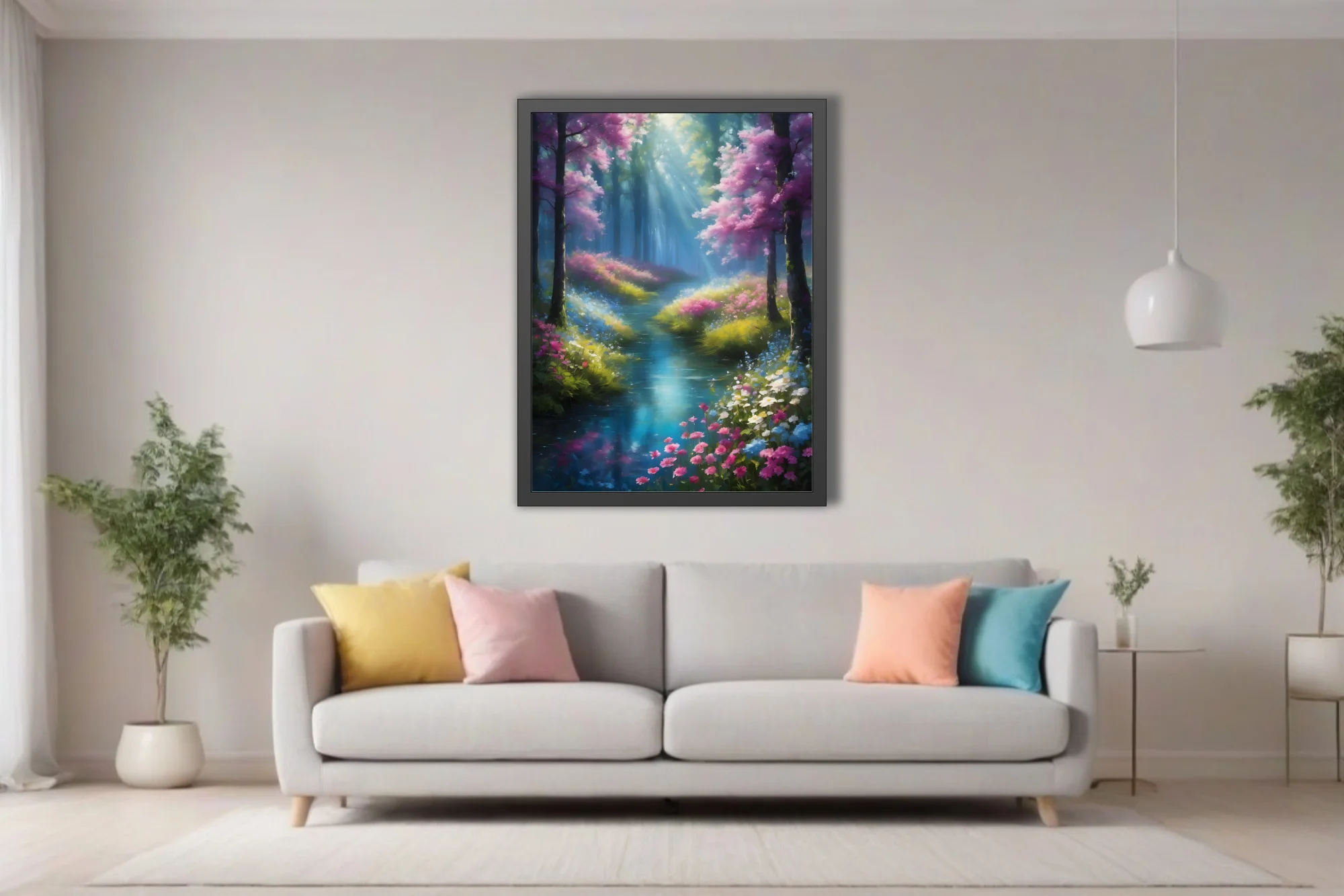 Painterly fantasy forest stream with glowing light rays and vivid floral blooms
