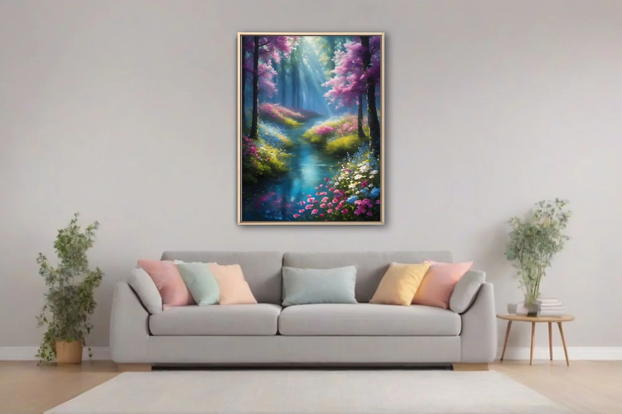 Painterly fantasy forest stream with glowing light rays and vivid floral blooms