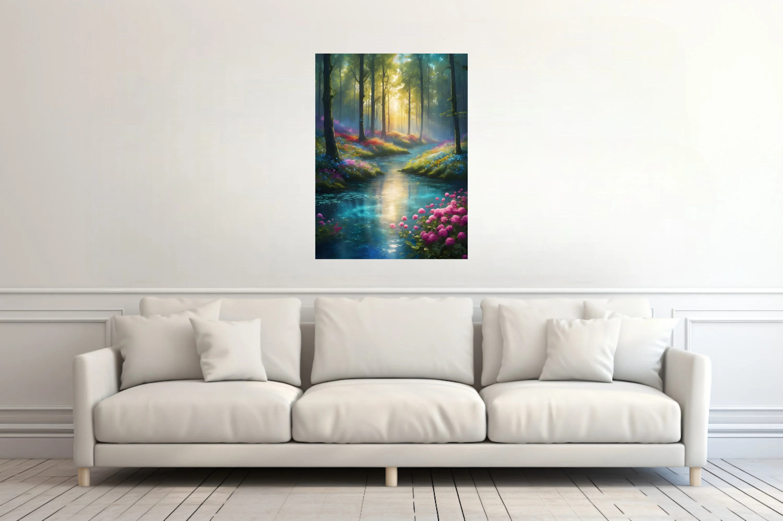 Fantasy forest stream with glowing light rays and colorful wildflowers in vivid painterly style