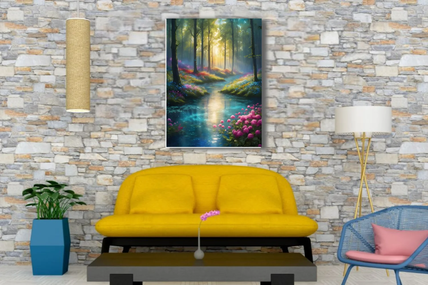 Fantasy forest stream with glowing light rays and colorful wildflowers in vivid painterly style