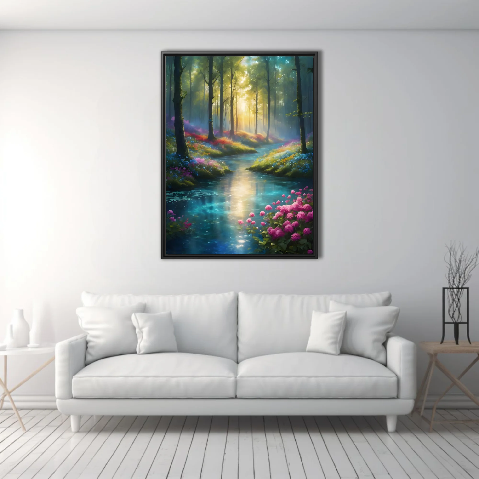 Fantasy forest stream with glowing light rays and colorful wildflowers in vivid painterly style
