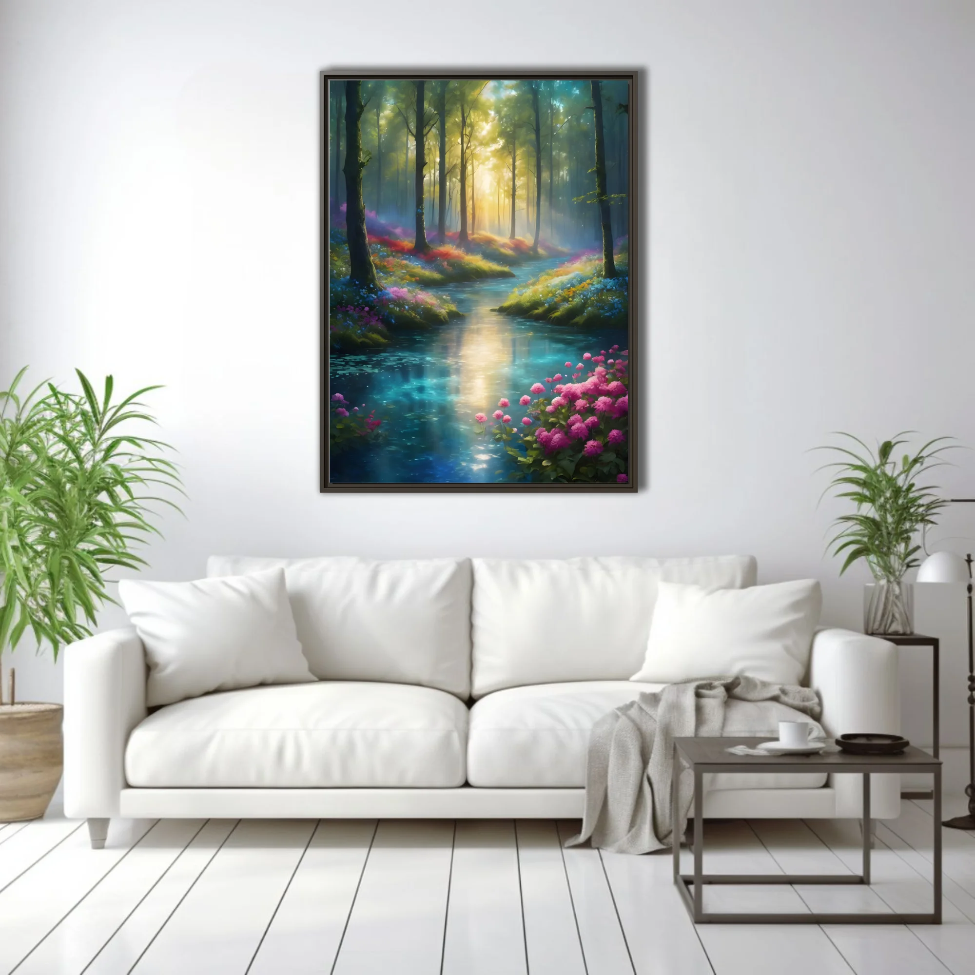 Fantasy forest stream with glowing light rays and colorful wildflowers in vivid painterly style