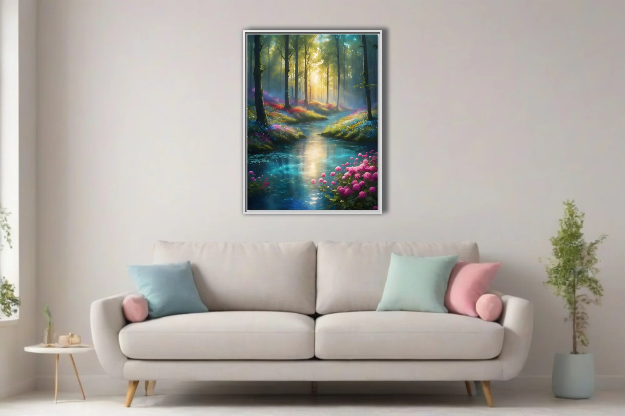 Fantasy forest stream with glowing light rays and colorful wildflowers in vivid painterly style