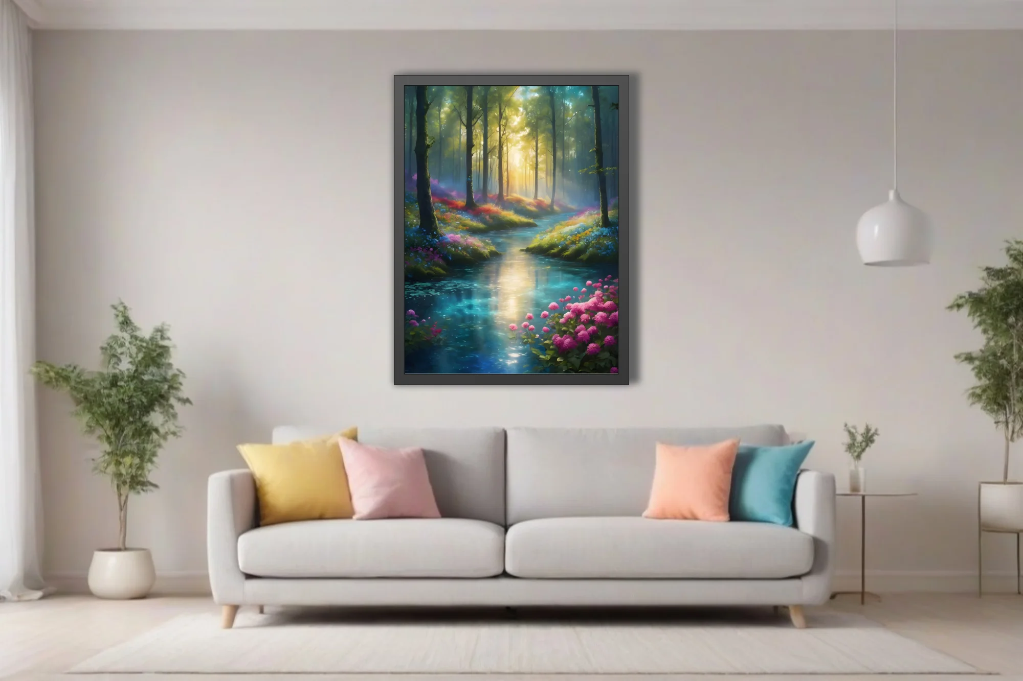 Fantasy forest stream with glowing light rays and colorful wildflowers in vivid painterly style