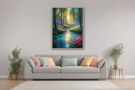 Fantasy forest stream with glowing light rays and colorful wildflowers in vivid painterly style