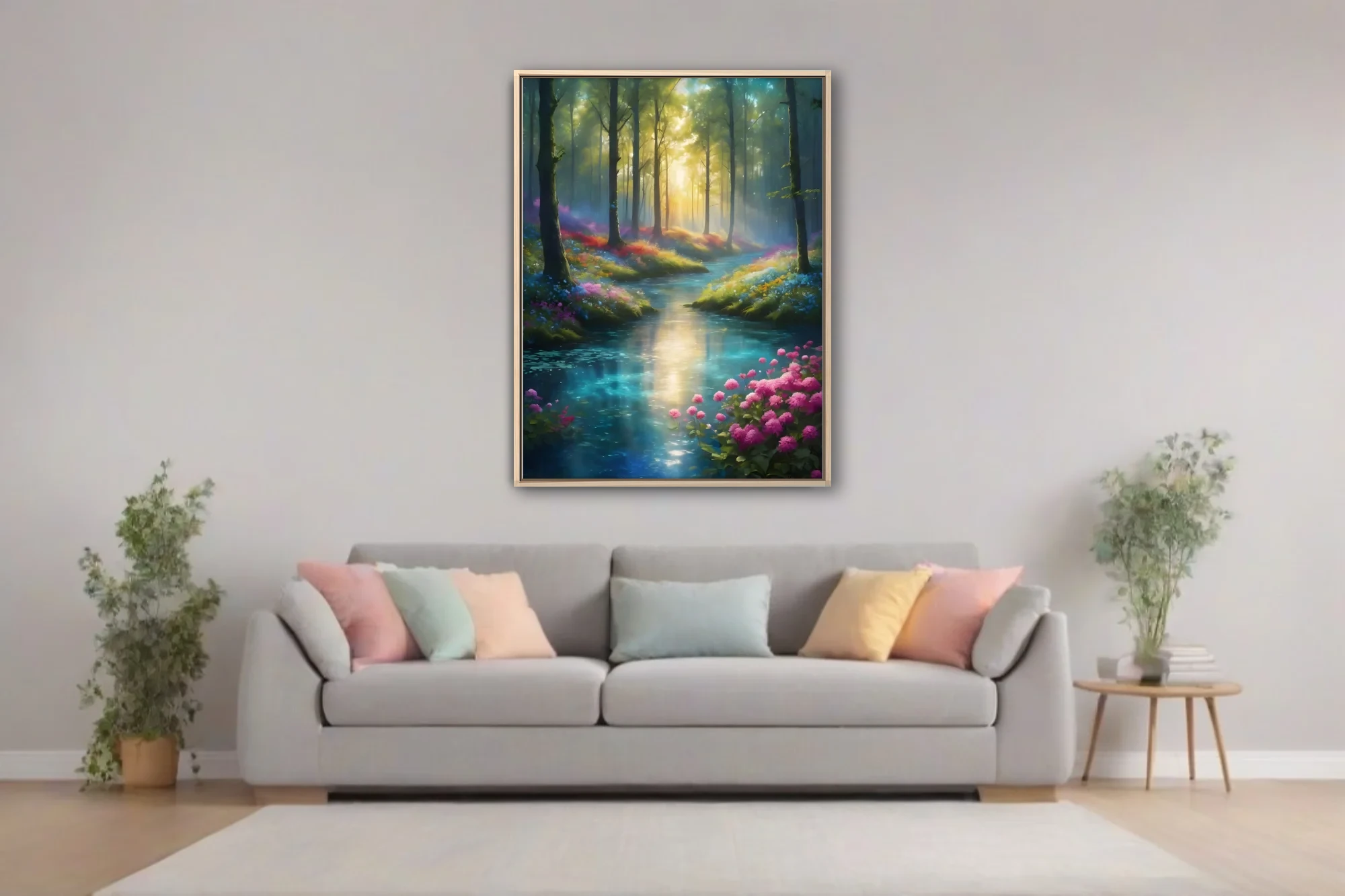 Fantasy forest stream with glowing light rays and colorful wildflowers in vivid painterly style