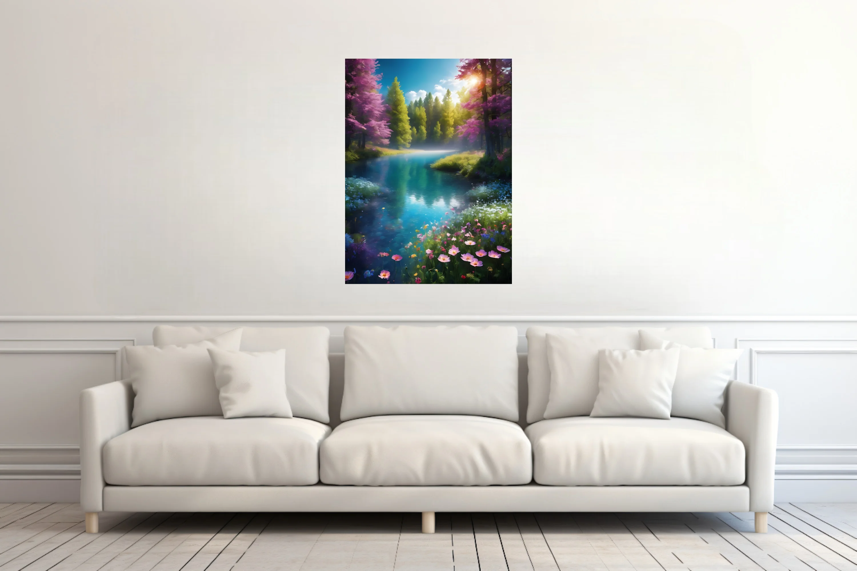 Fantasy forest river with turquoise water, violet trees, wildflowers, and golden sunlight