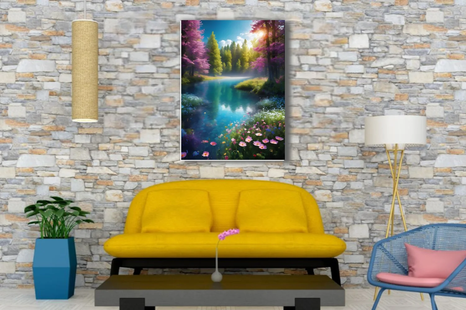 Fantasy forest river with turquoise water, violet trees, wildflowers, and golden sunlight