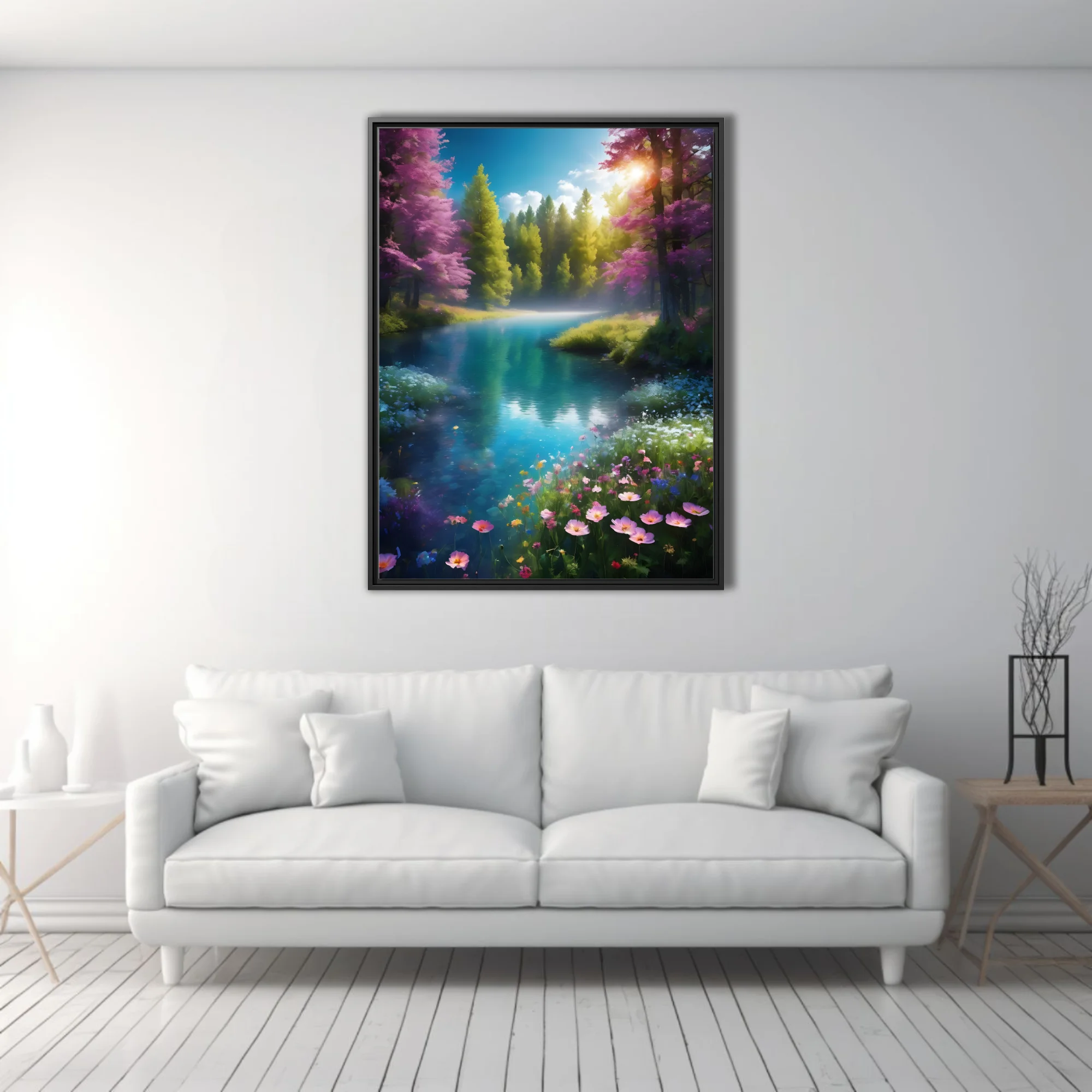 Fantasy forest river with turquoise water, violet trees, wildflowers, and golden sunlight