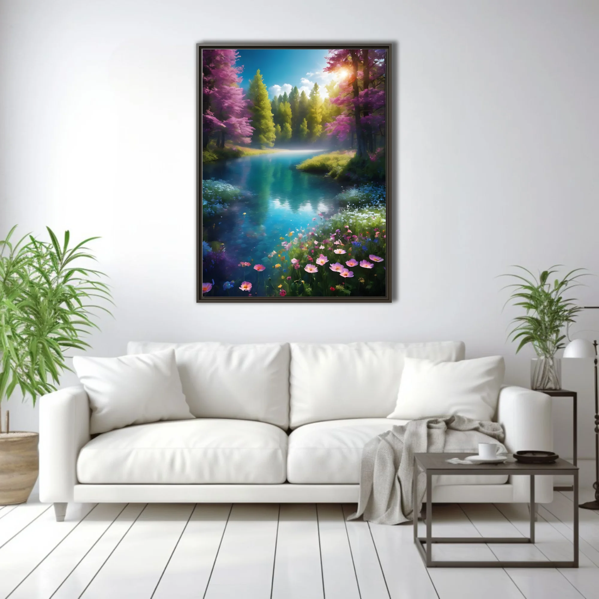 Fantasy forest river with turquoise water, violet trees, wildflowers, and golden sunlight