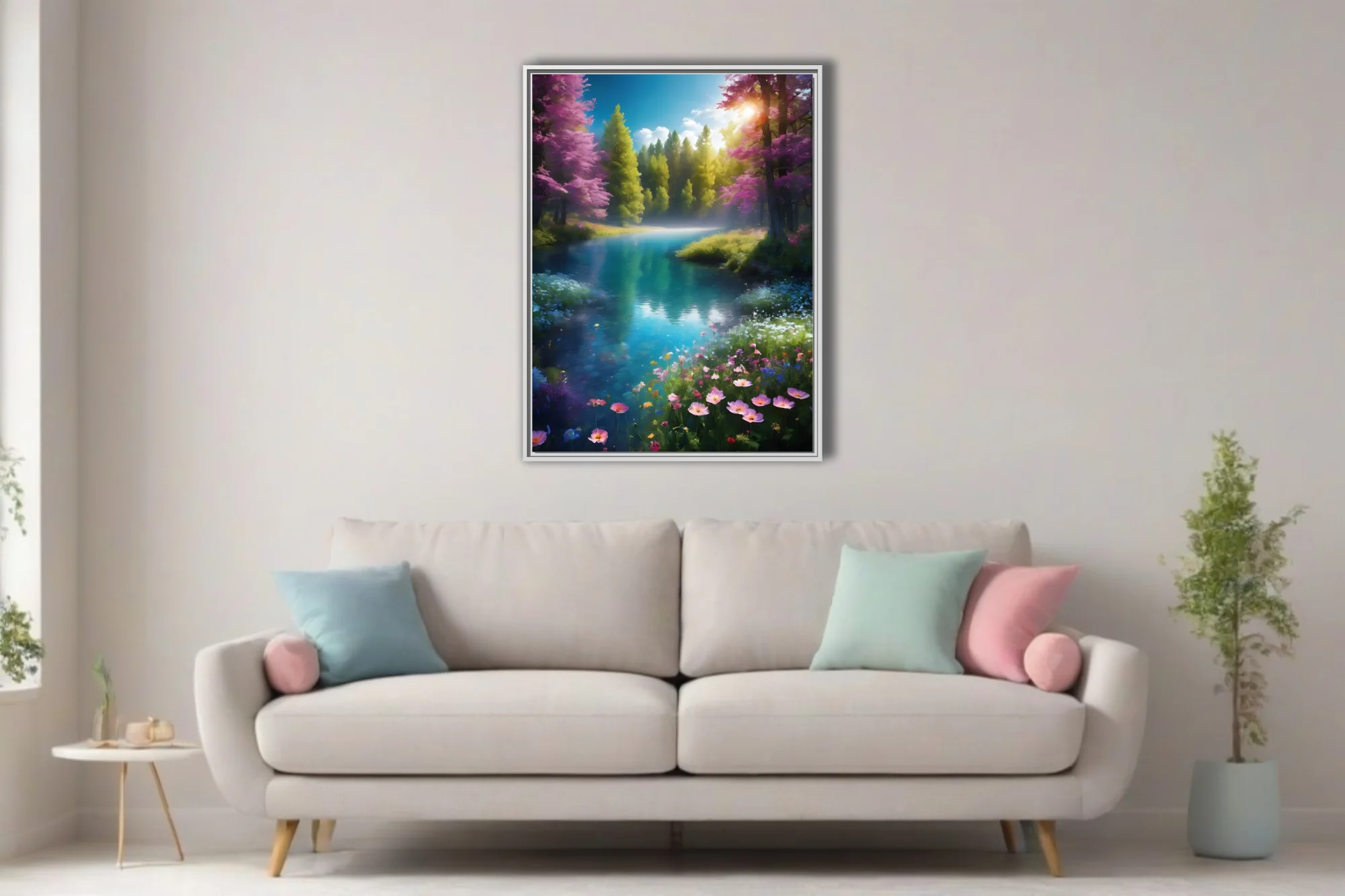 Fantasy forest river with turquoise water, violet trees, wildflowers, and golden sunlight