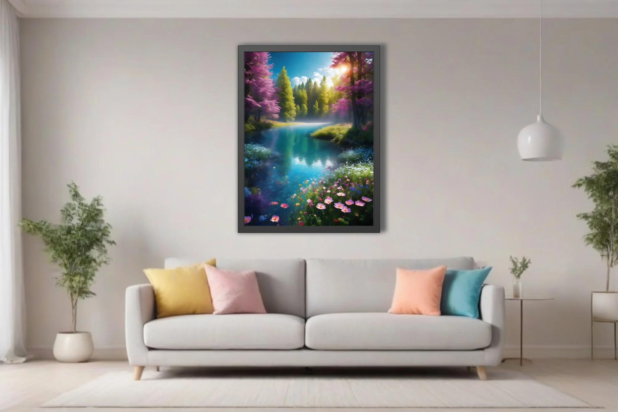 Fantasy forest river with turquoise water, violet trees, wildflowers, and golden sunlight