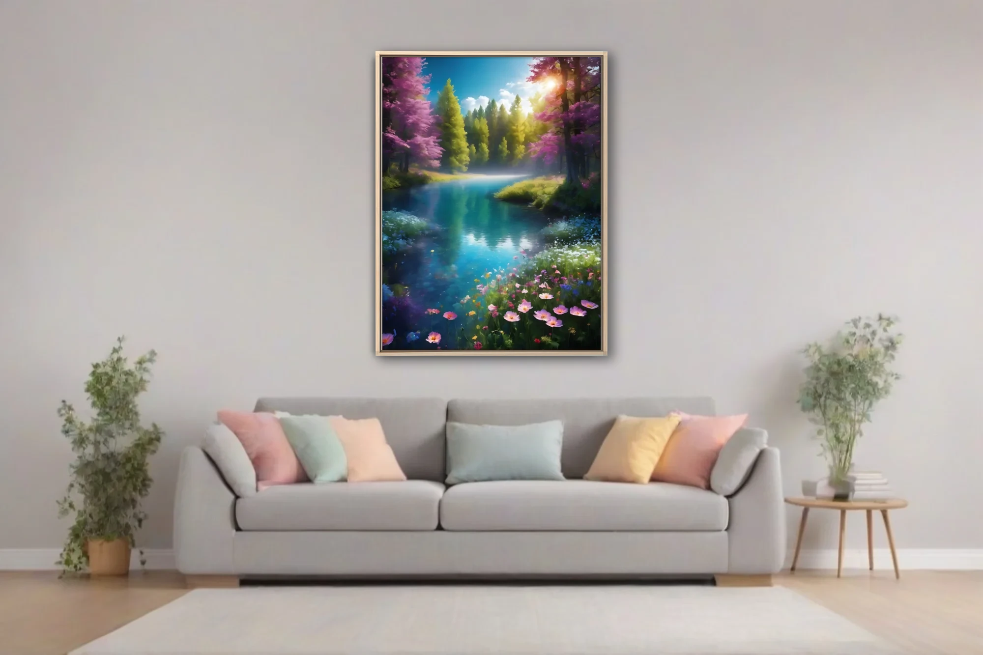 Fantasy forest river with turquoise water, violet trees, wildflowers, and golden sunlight