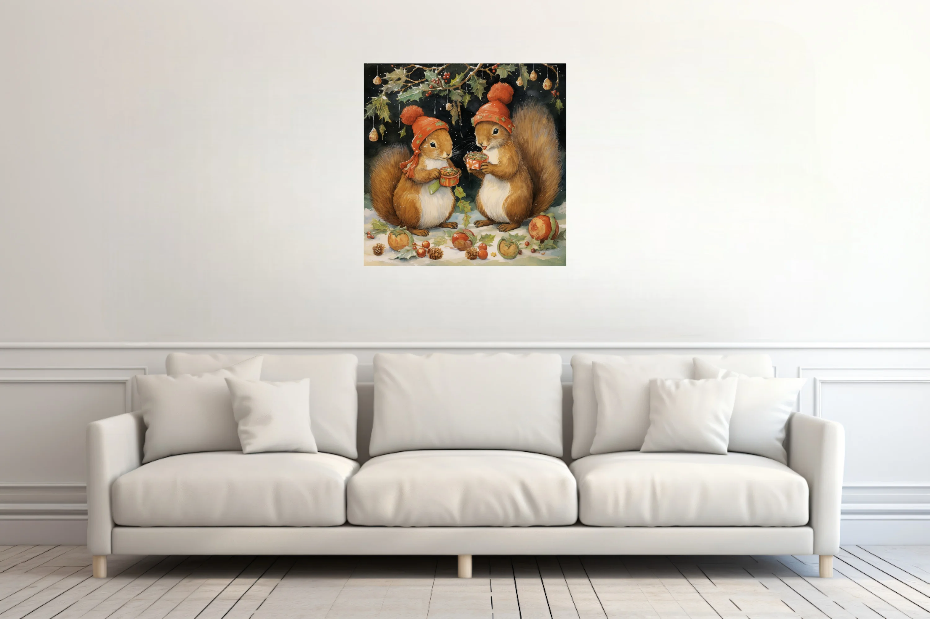 Whimsical Christmas squirrels in red hats sharing hot drinks, watercolor-style holiday art