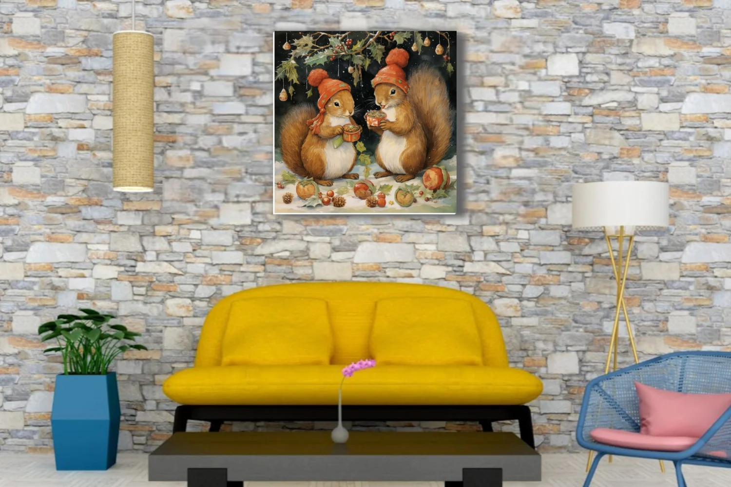 Whimsical Christmas squirrels in red hats sharing hot drinks, watercolor-style holiday art