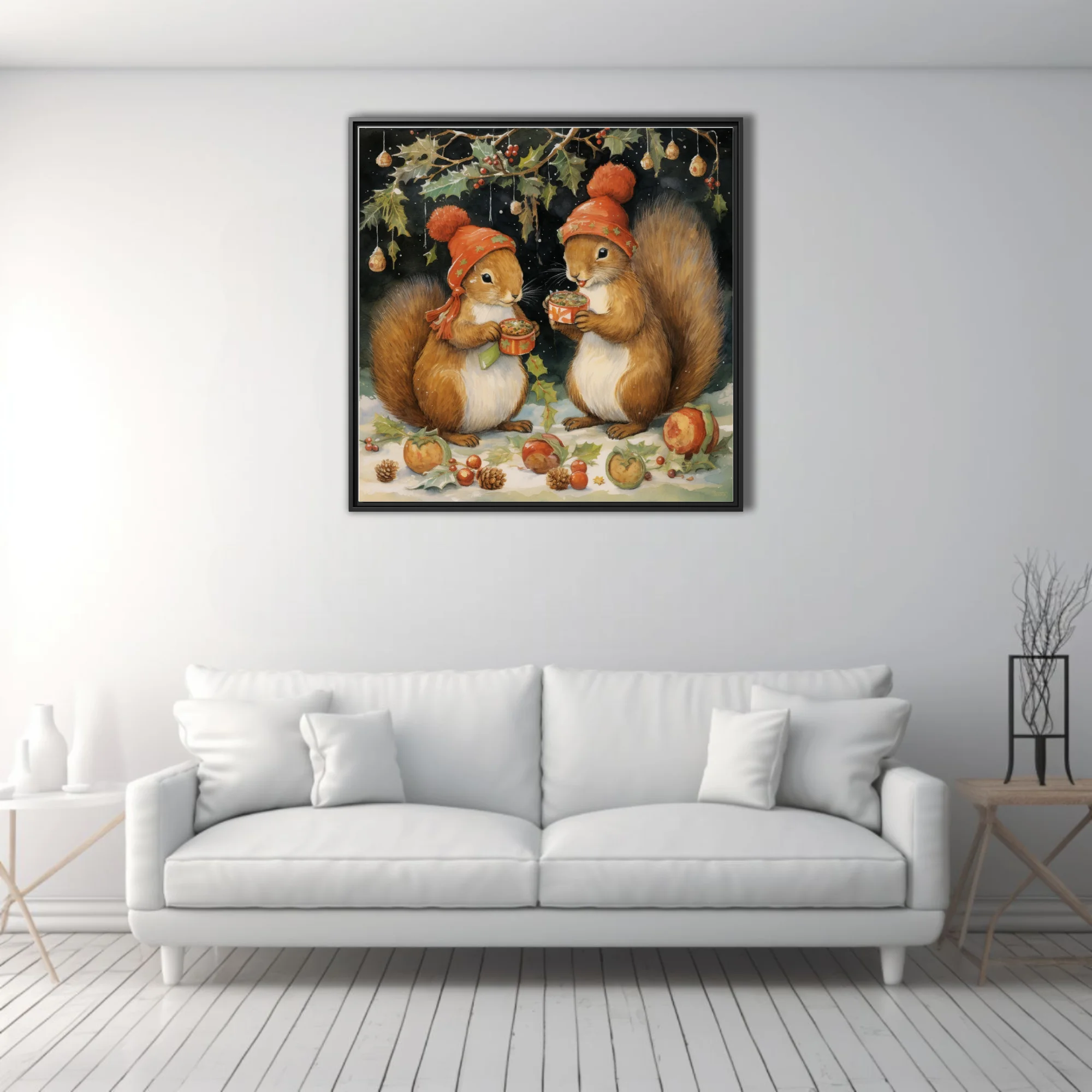 Whimsical Christmas squirrels in red hats sharing hot drinks, watercolor-style holiday art
