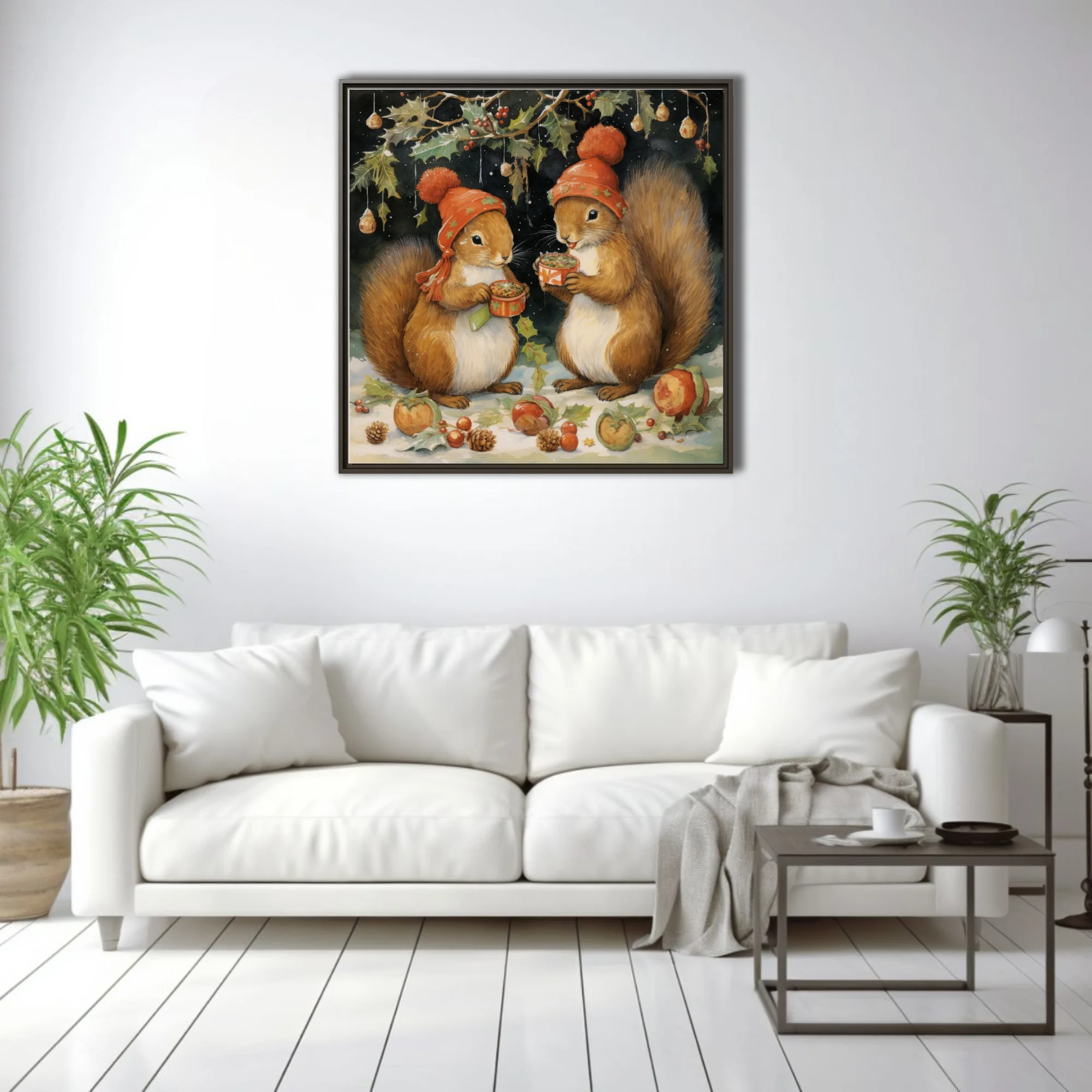 Whimsical Christmas squirrels in red hats sharing hot drinks, watercolor-style holiday art