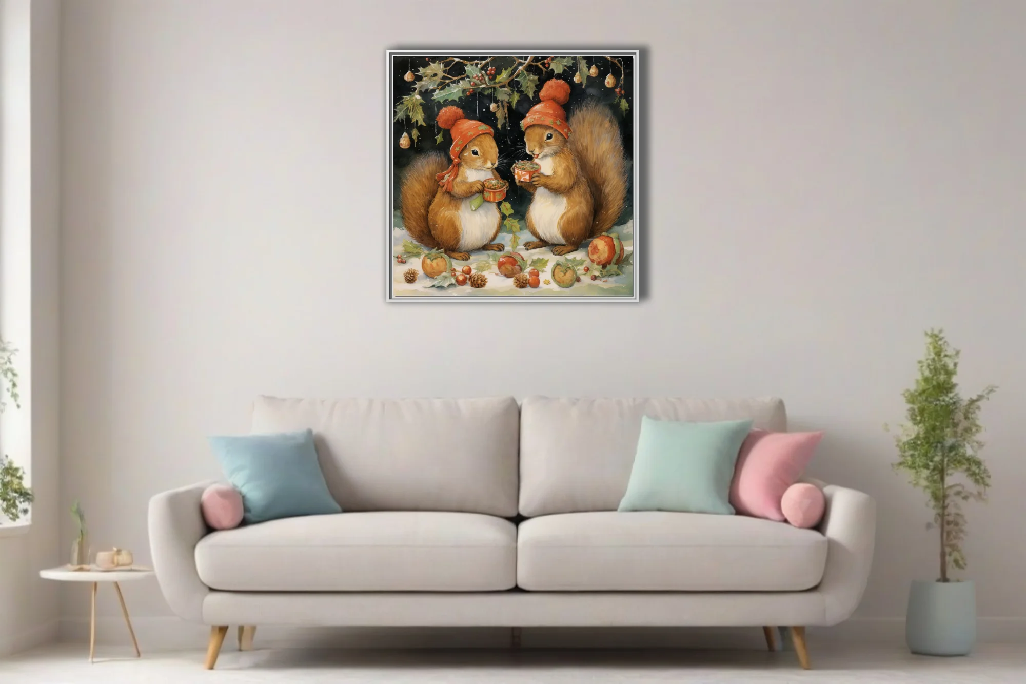 Whimsical Christmas squirrels in red hats sharing hot drinks, watercolor-style holiday art