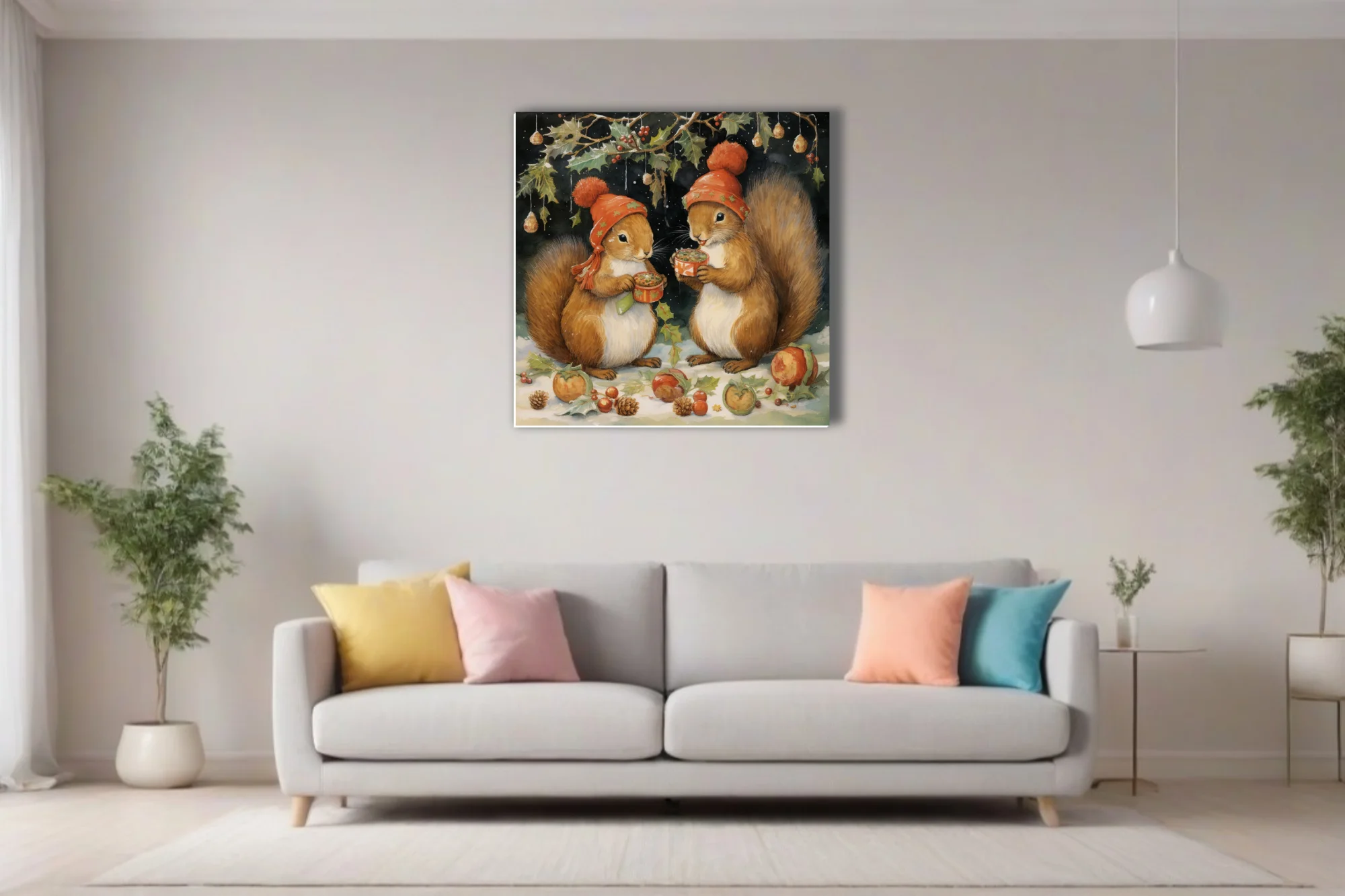 Whimsical Christmas squirrels in red hats sharing hot drinks, watercolor-style holiday art