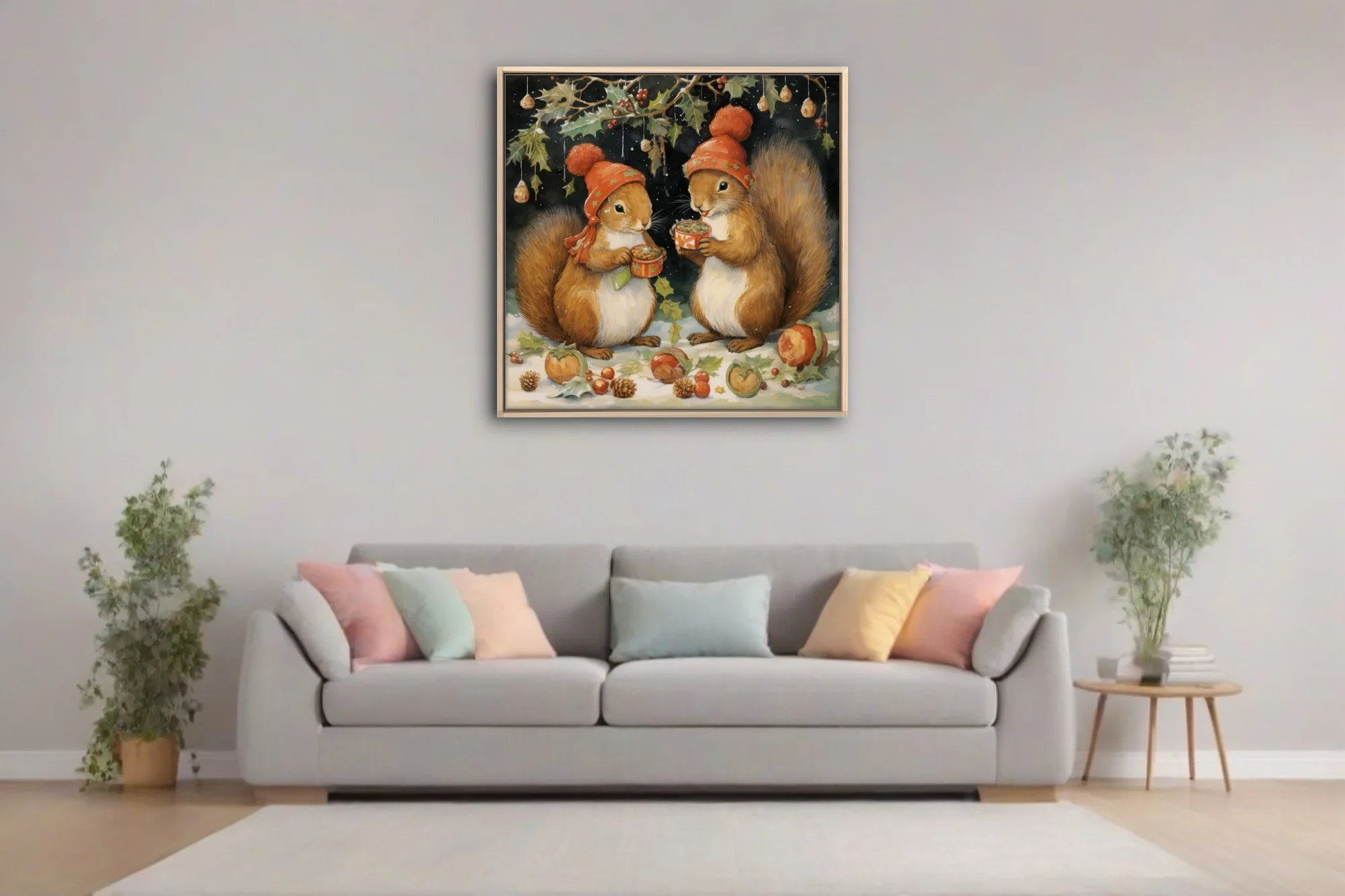 Whimsical Christmas squirrels in red hats sharing hot drinks, watercolor-style holiday art