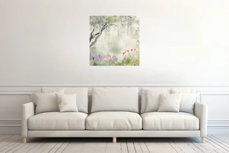 Watercolor-style spring garden with wisteria, tulips, and wildflowers in soft pastel washes