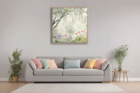 Watercolor-style spring garden with wisteria, tulips, and wildflowers in soft pastel washes