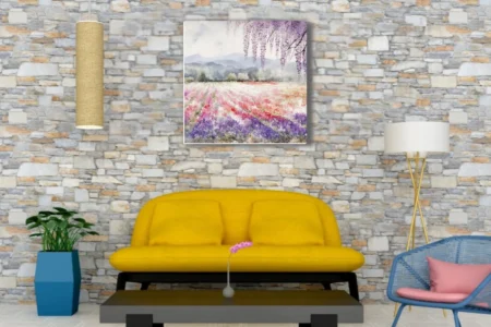 Watercolor-style flower field landscape with cascading wisteria and misty pastel mountains