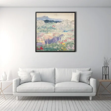 Japanese watercolor-style floral landscape with wisteria, tulips, and lavender in pastel tones