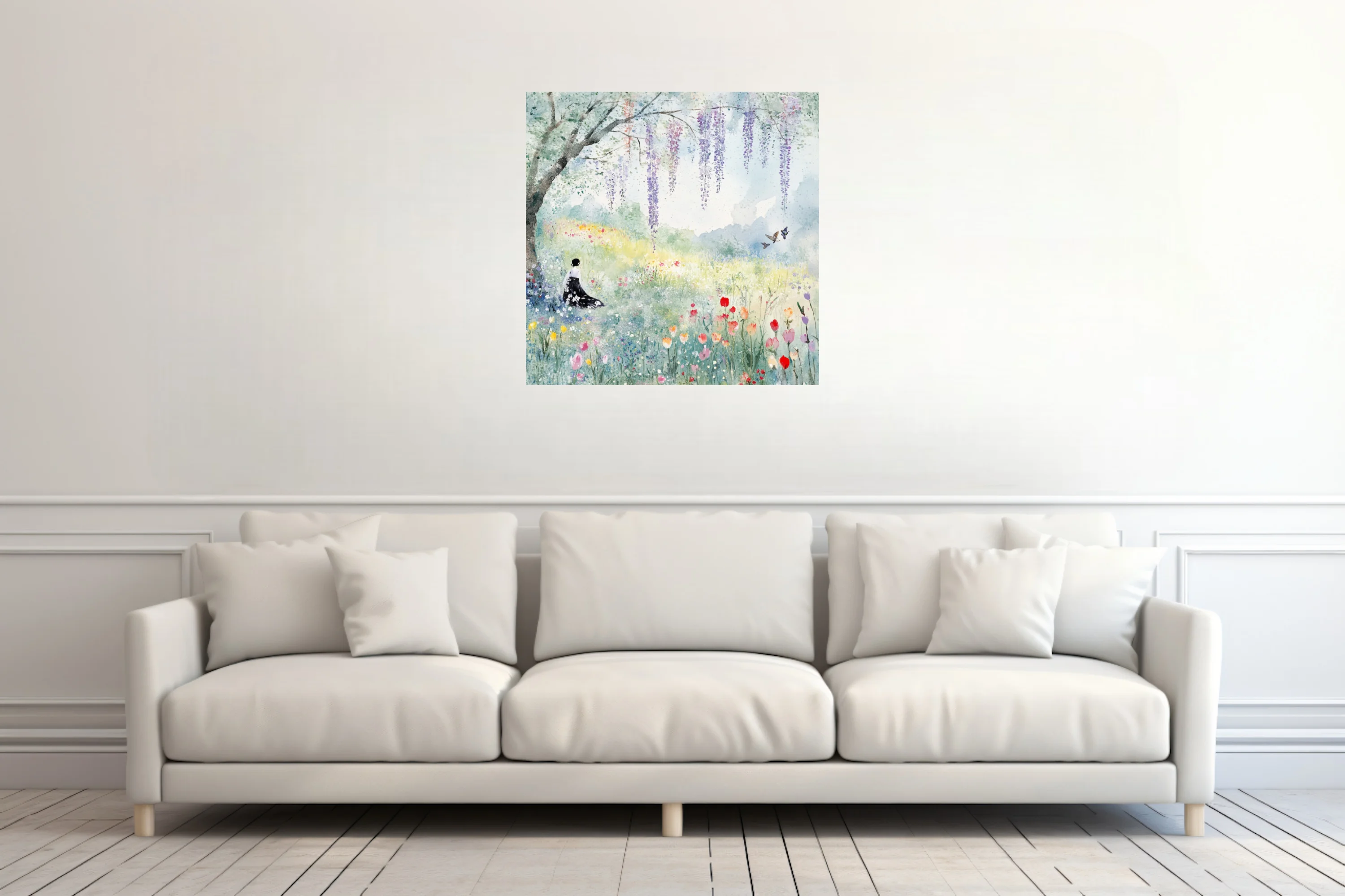Watercolor-style spring meadow with wisteria, wildflowers, and a seated figure in pastel tones