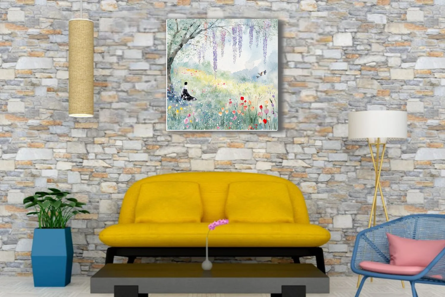 Watercolor-style spring meadow with wisteria, wildflowers, and a seated figure in pastel tones