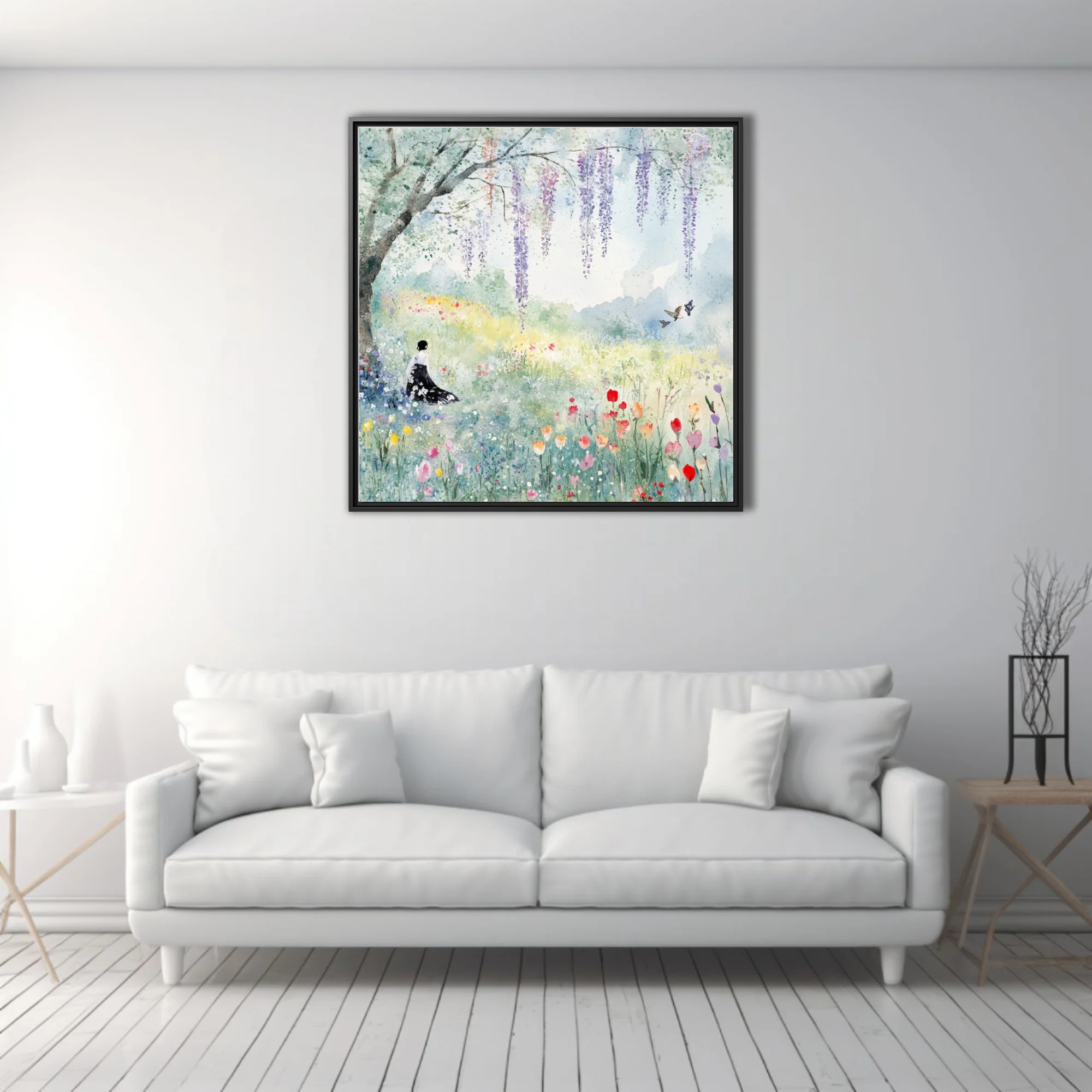Watercolor-style spring meadow with wisteria, wildflowers, and a seated figure in pastel tones