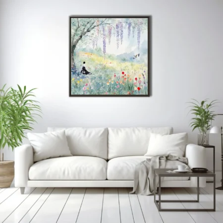 Watercolor-style spring meadow with wisteria, wildflowers, and a seated figure in pastel tones