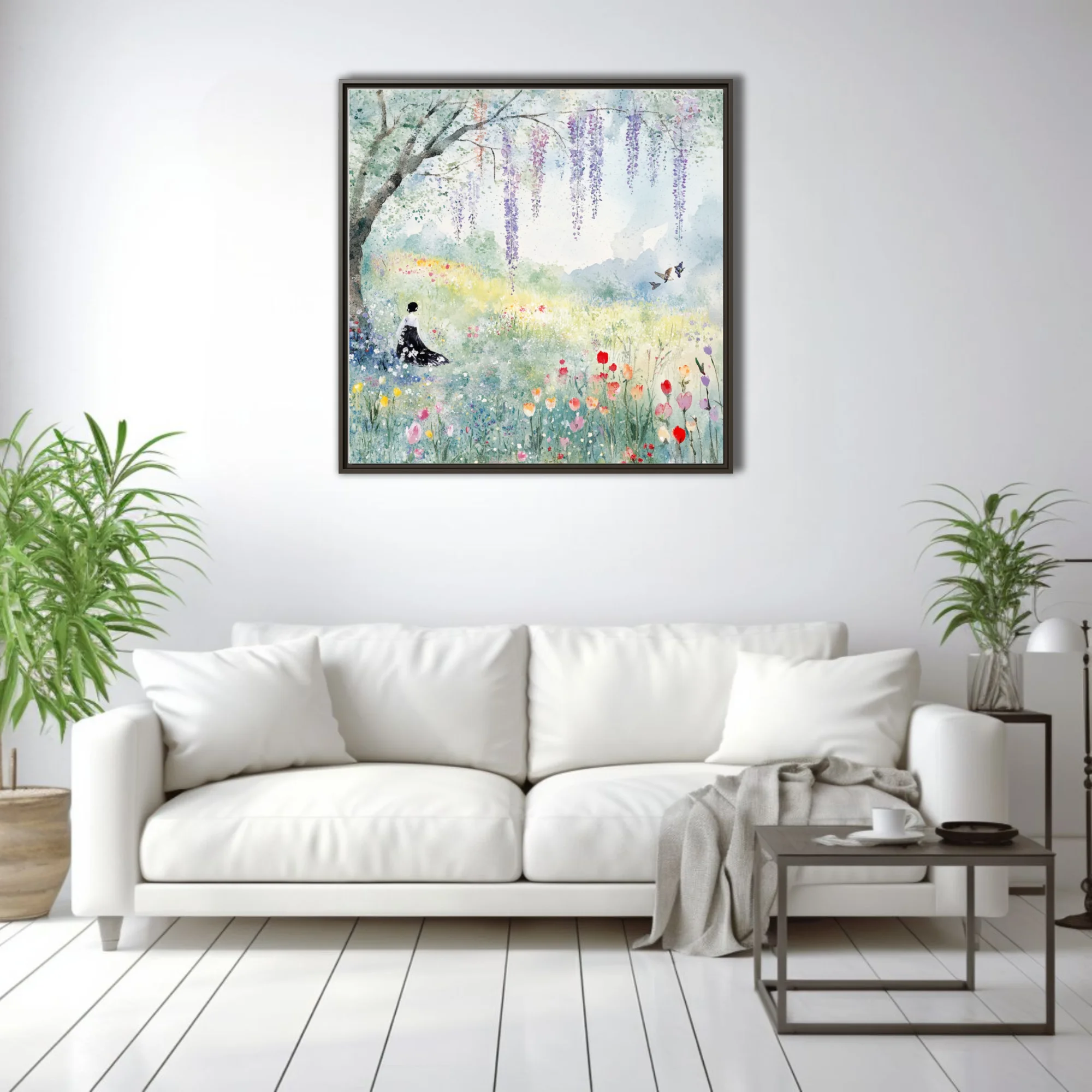 Watercolor-style spring meadow with wisteria, wildflowers, and a seated figure in pastel tones