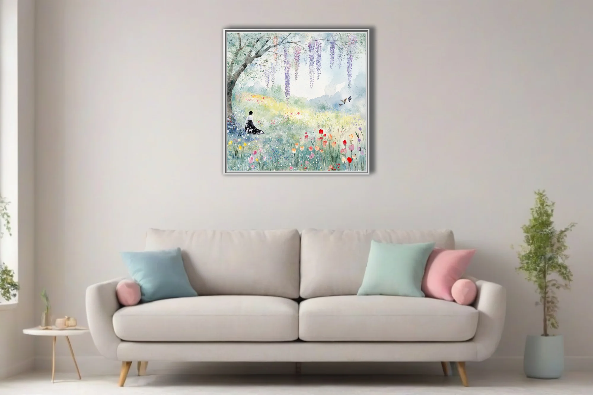 Watercolor-style spring meadow with wisteria, wildflowers, and a seated figure in pastel tones