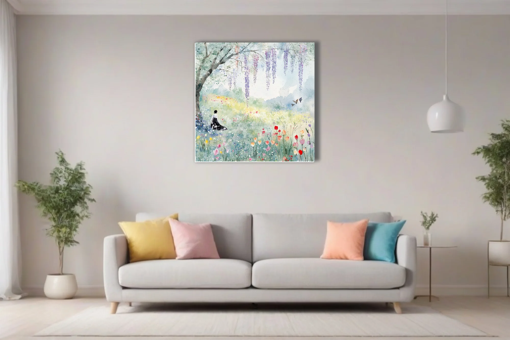 Watercolor-style spring meadow with wisteria, wildflowers, and a seated figure in pastel tones