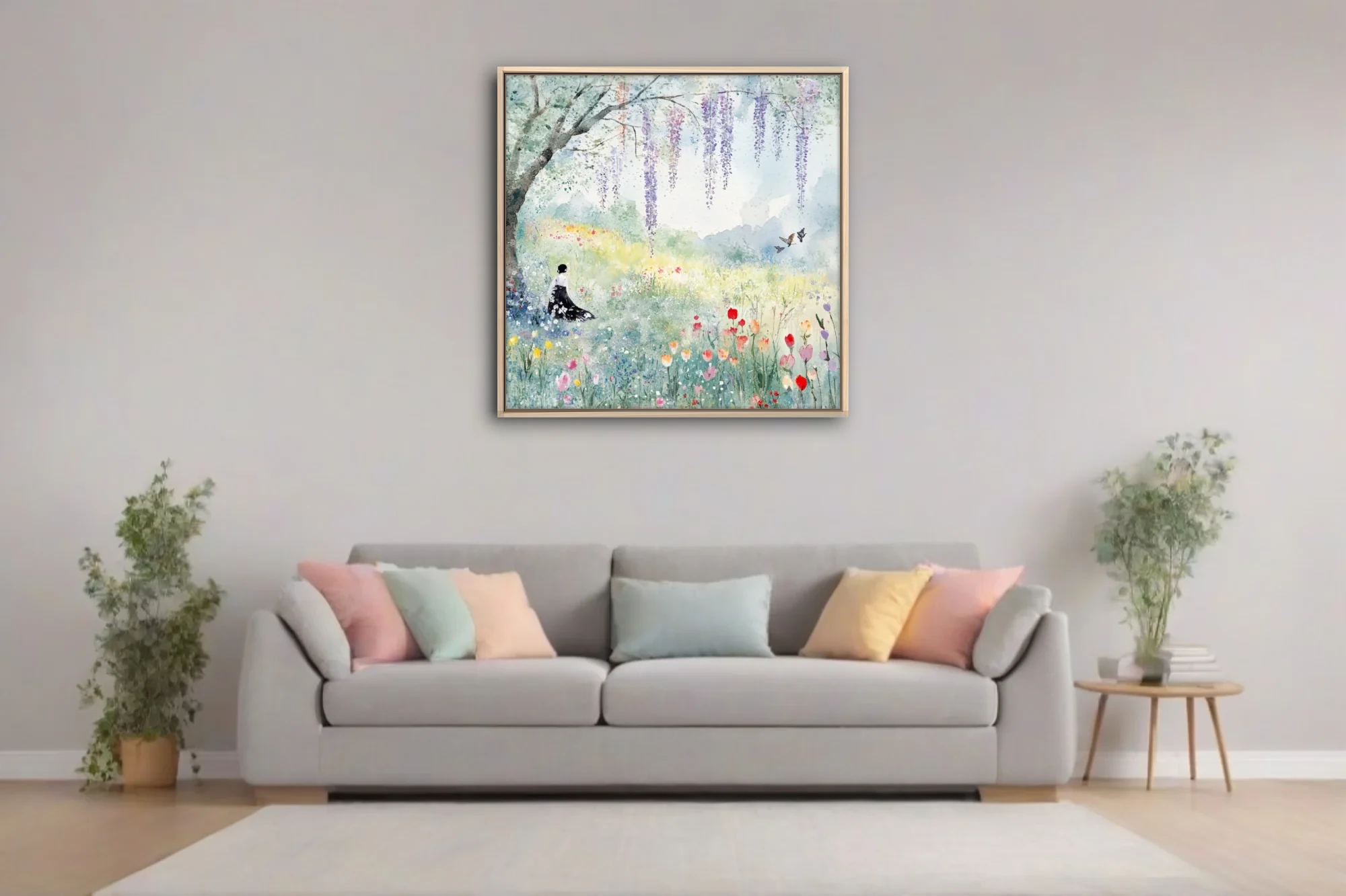 Watercolor-style spring meadow with wisteria, wildflowers, and a seated figure in pastel tones