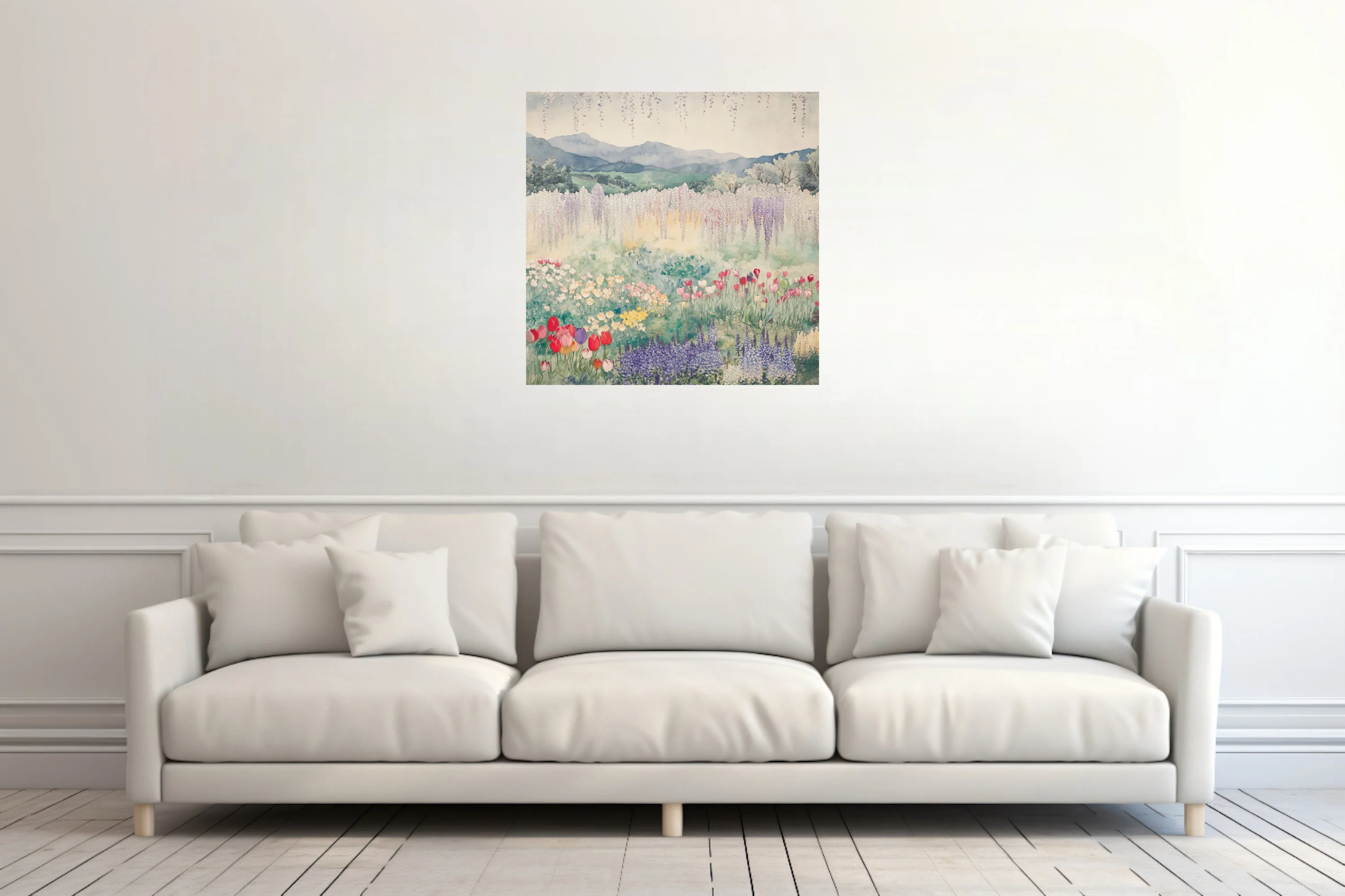 Watercolor-style Japanese garden landscape with wisteria, tulips, and misty mountains