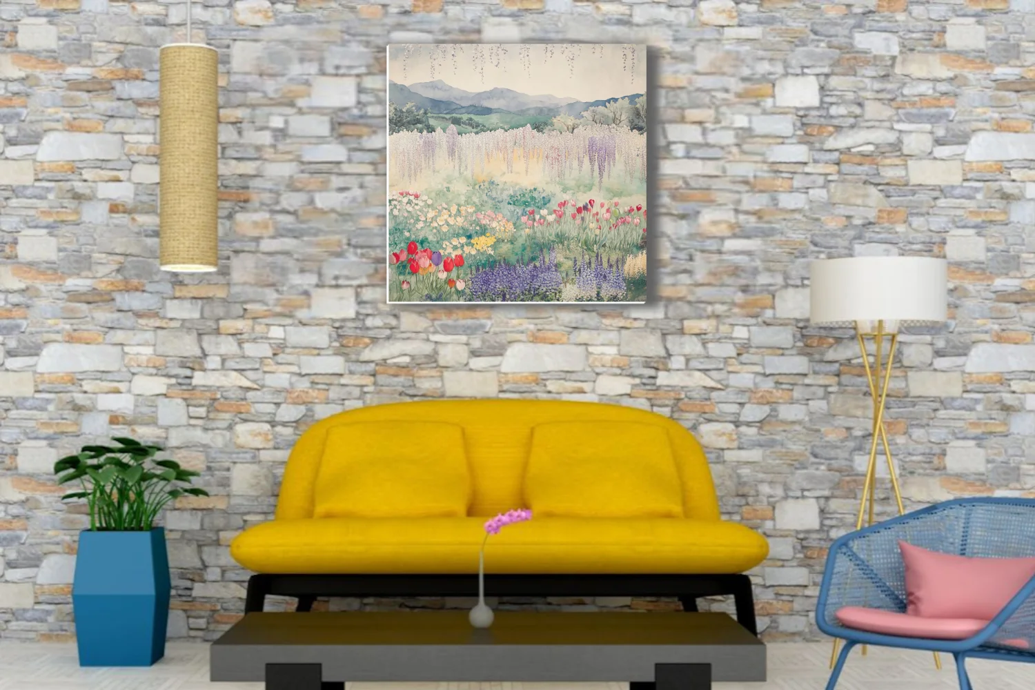 Watercolor-style Japanese garden landscape with wisteria, tulips, and misty mountains
