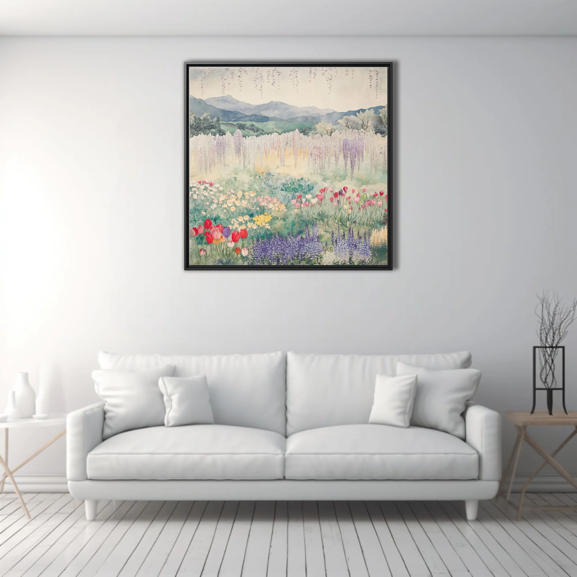 Watercolor-style Japanese garden landscape with wisteria, tulips, and misty mountains