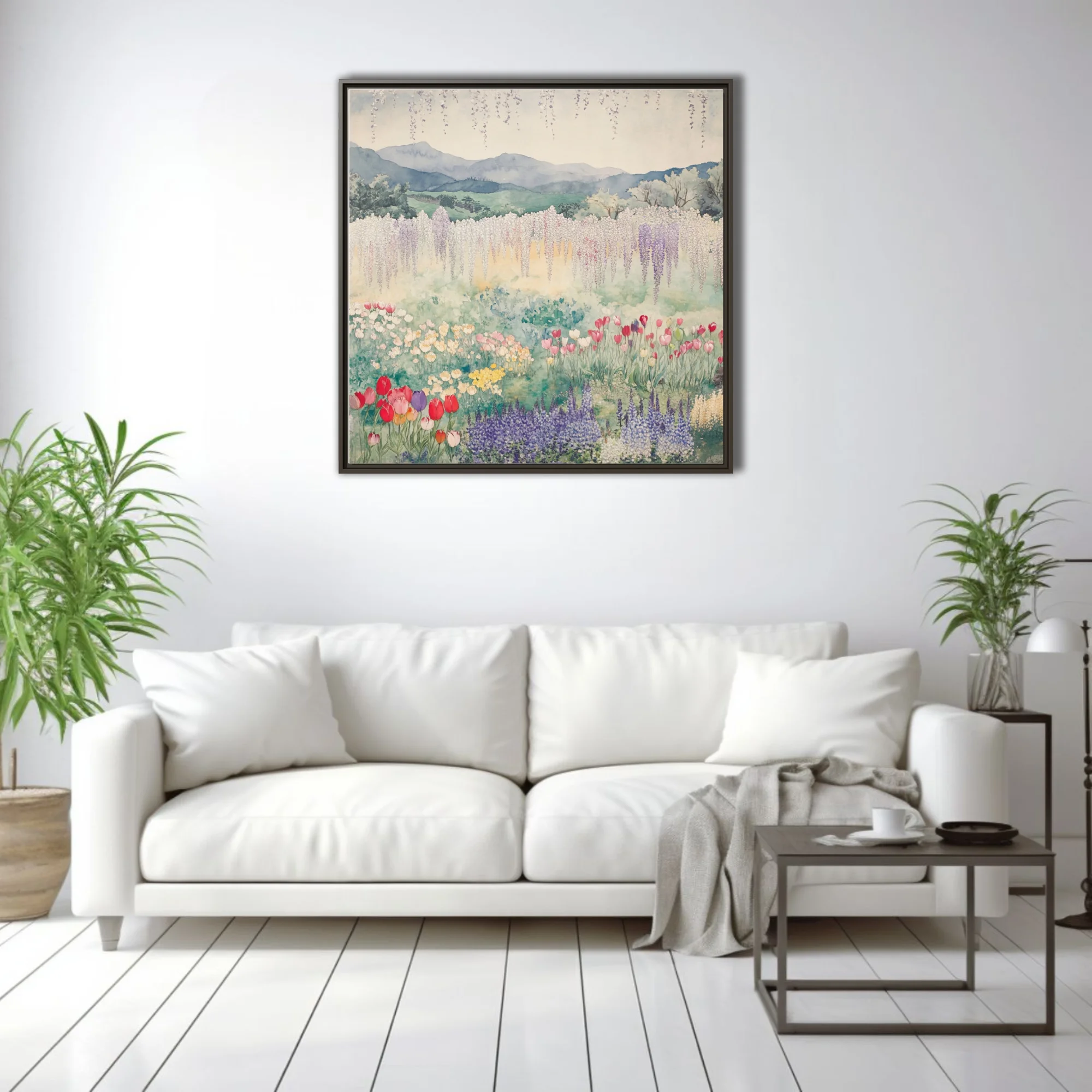 Watercolor-style Japanese garden landscape with wisteria, tulips, and misty mountains