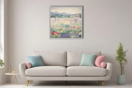 Watercolor-style Japanese garden landscape with wisteria, tulips, and misty mountains
