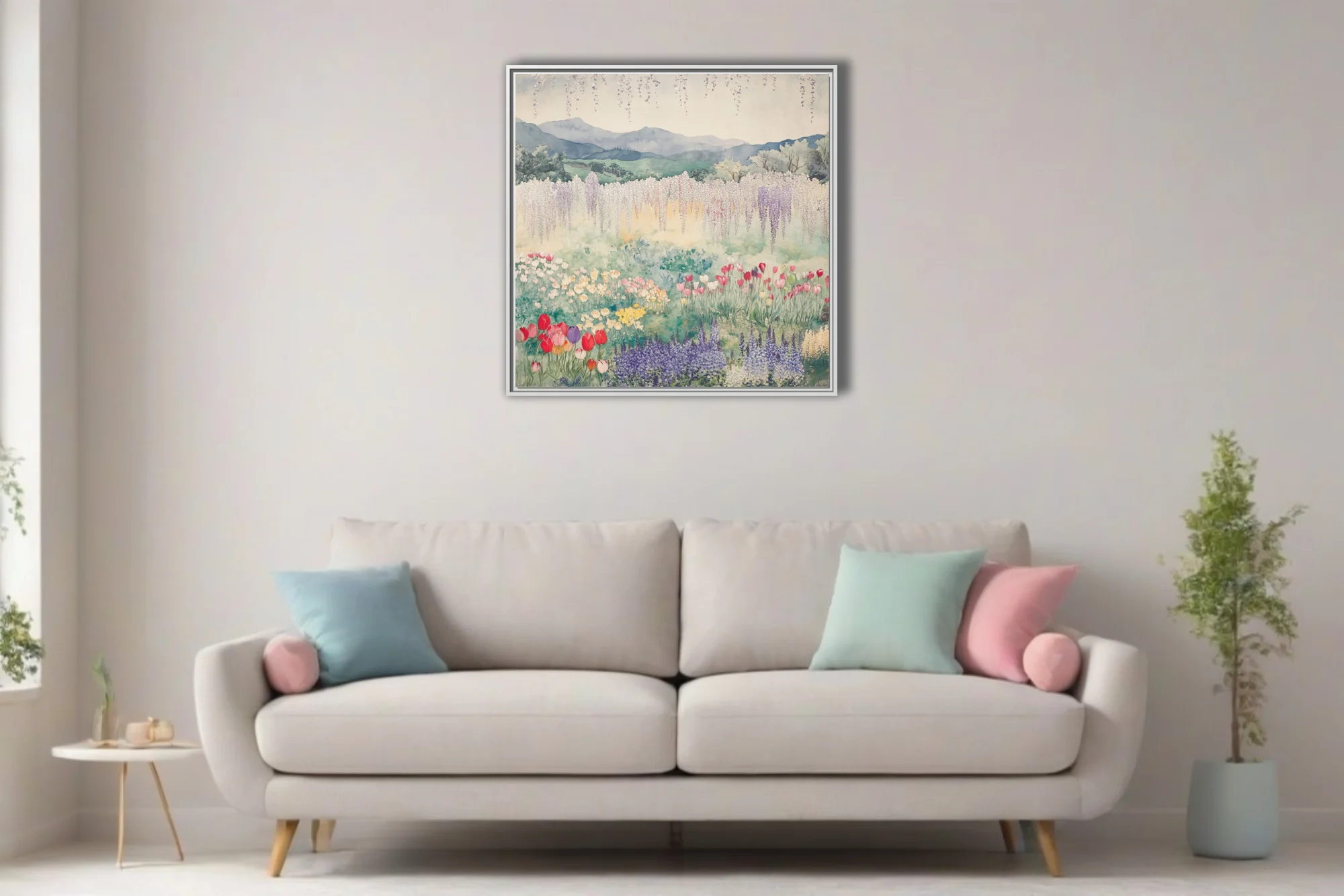 Watercolor-style Japanese garden landscape with wisteria, tulips, and misty mountains