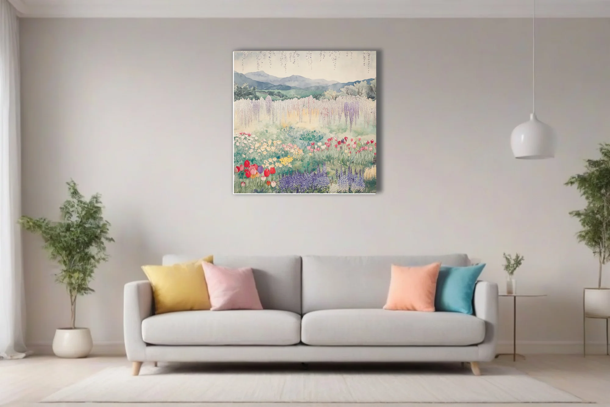 Watercolor-style Japanese garden landscape with wisteria, tulips, and misty mountains