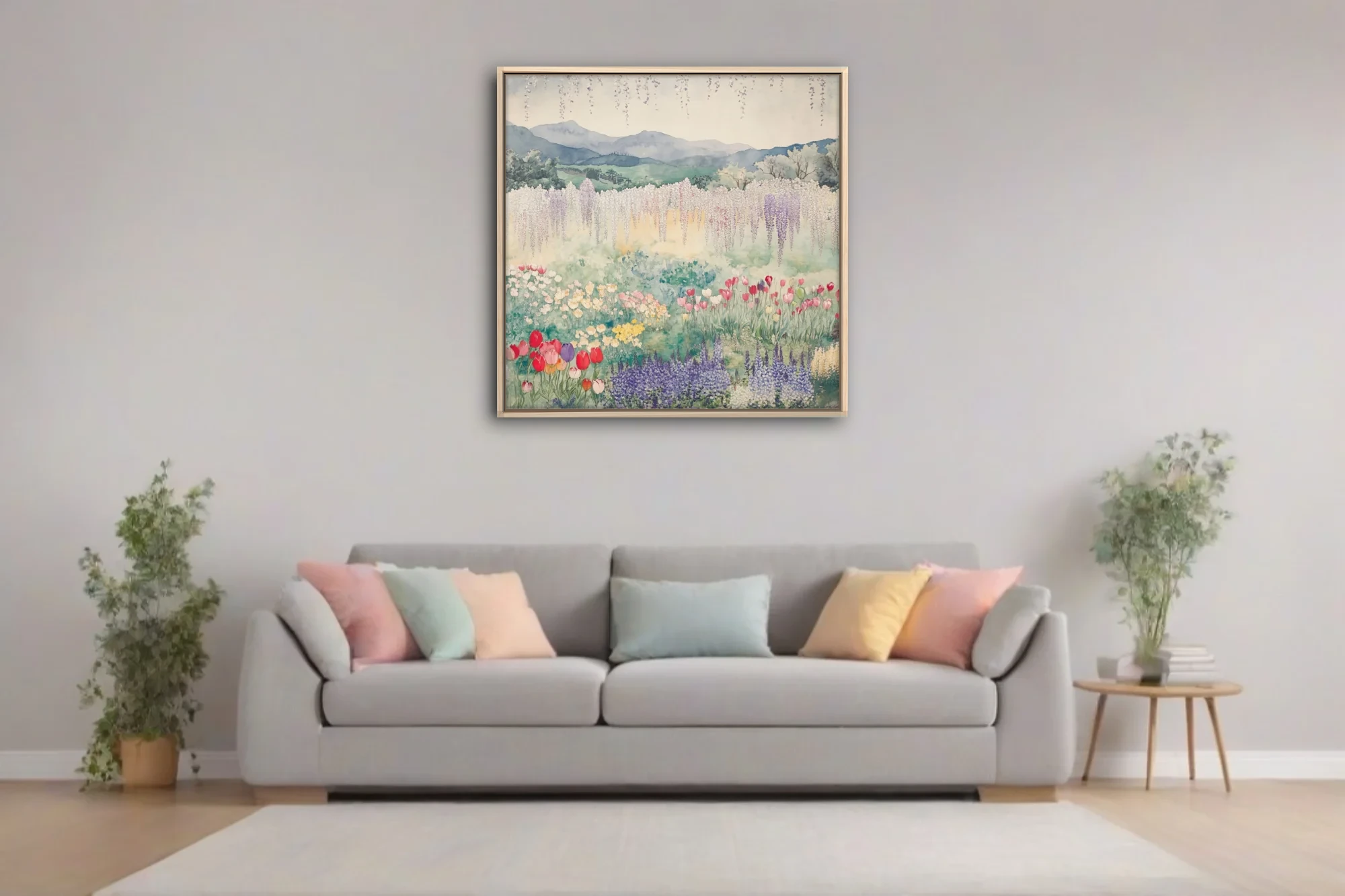 Watercolor-style Japanese garden landscape with wisteria, tulips, and misty mountains