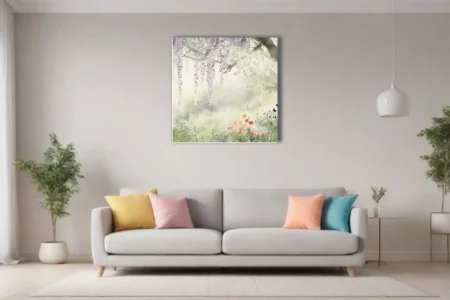 Watercolor-style wisteria and tulip meadow in lavender, sage, and coral — dreamy floral wall art