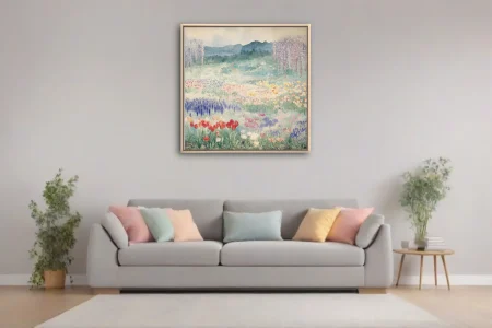 Watercolor-style spring meadow with tulips, wisteria, lupines and pastel mountains beyond