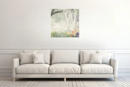 Watercolor-style spring garden with cascading wisteria and wildflowers in soft lavender and green