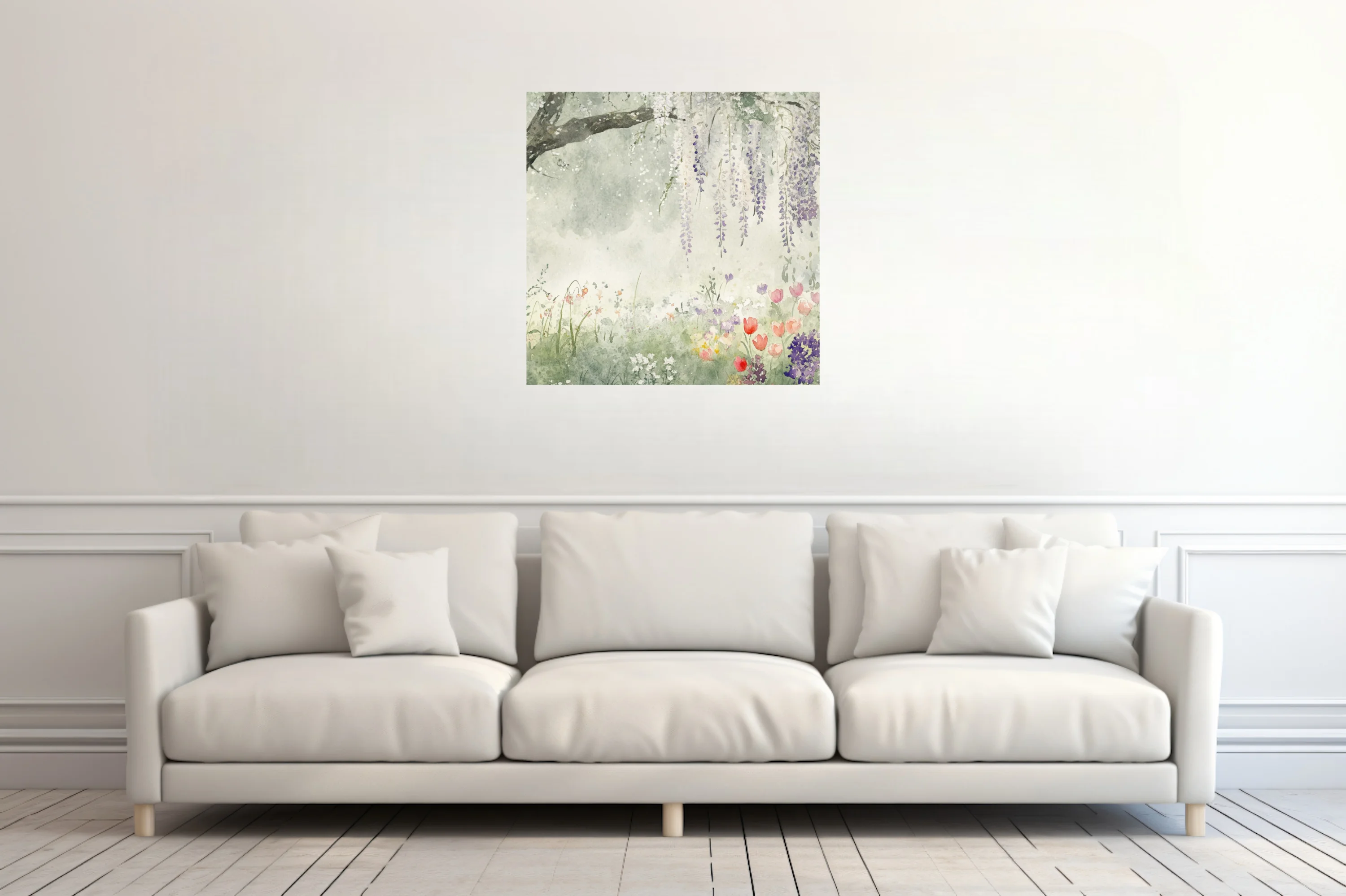 Watercolor-style spring garden with cascading wisteria and wildflowers in soft lavender and green